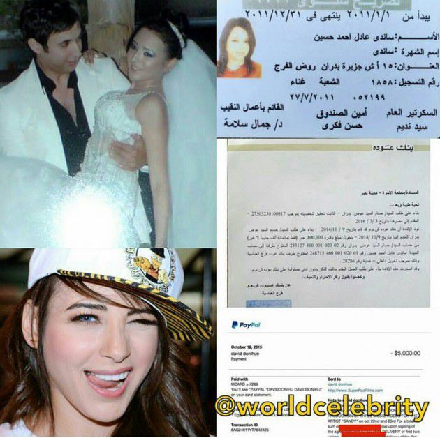 صورة من حفل زفاف ساندي وحسام بدران، وأخرى تظهر وثيقة المبلغ الذي أرسله بدران لزوجته ساندي