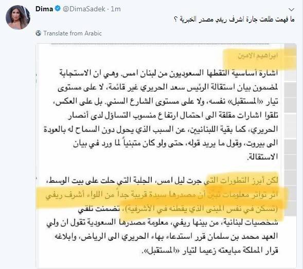 تغريدة ديما صادق الساخرة من الخبر الذي كتبه ابراهيم الأمين
