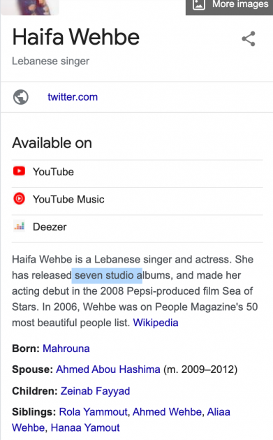 غوغل يحذف عمر هيفا وهبي واسم زوجها الأول - وثيقة